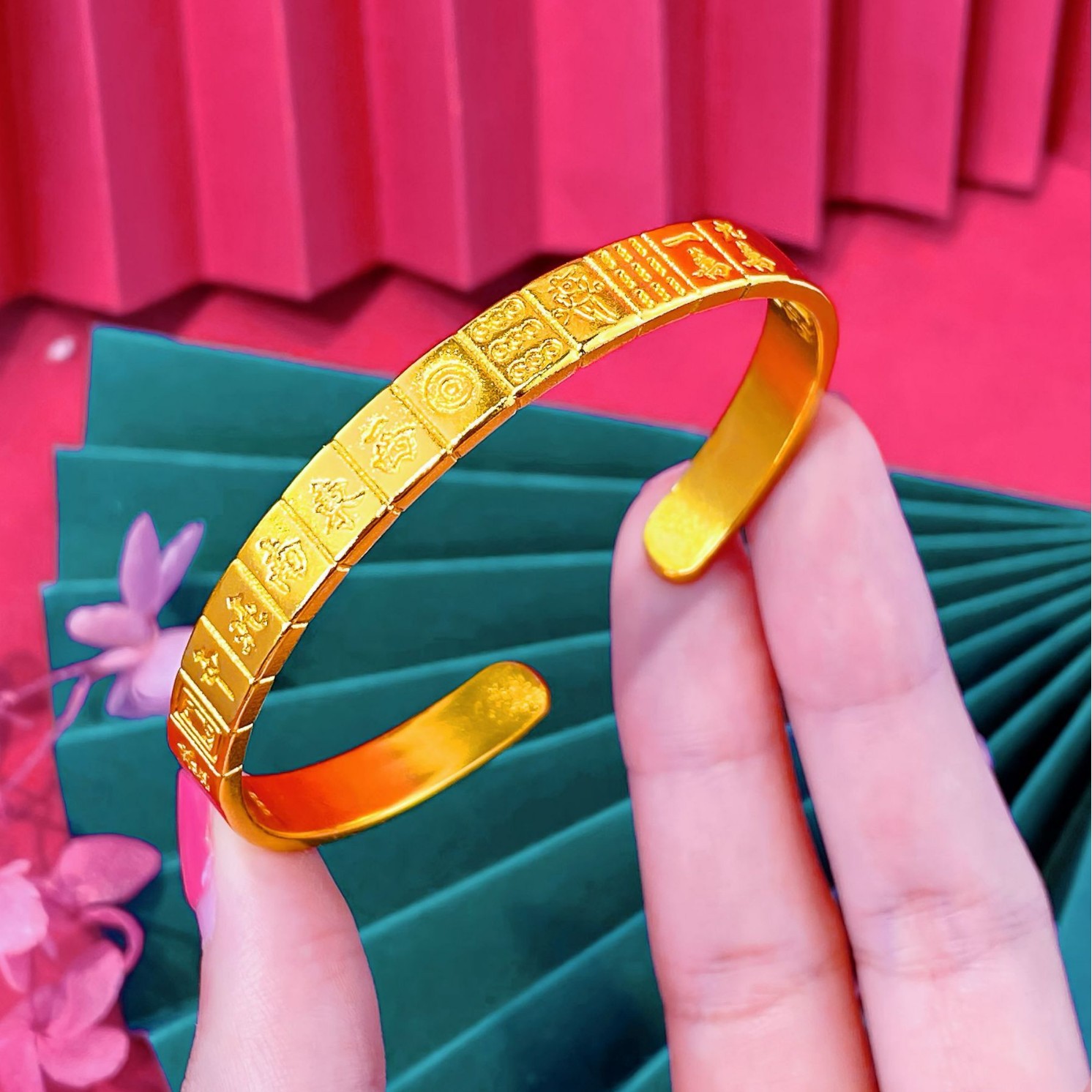 黄金色开口麻将手镯中国风高级感錾刻胡杠上中式十三幺鸡中式戒指