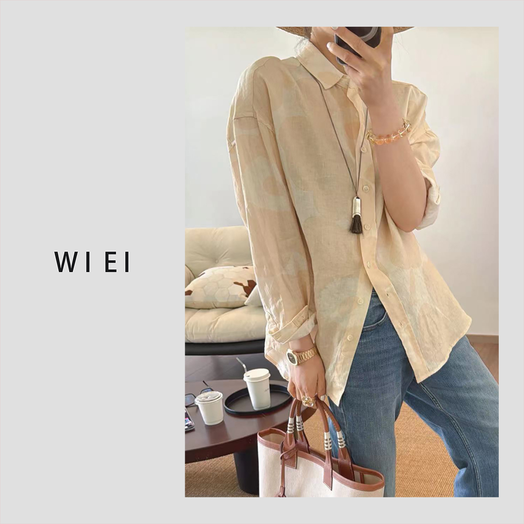 《WI EI》浮生金*100%亚麻 凉爽透气 博主风_印花长袖衬衫 23507