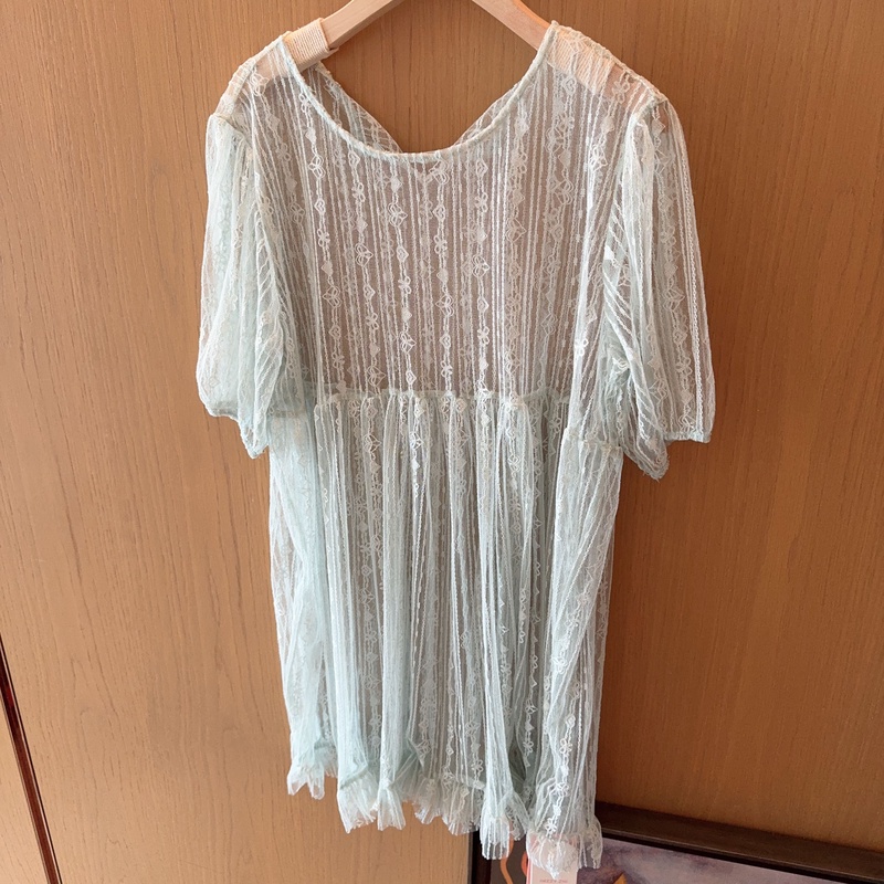 【张静芝】镂空刺绣网纱浅蓝色连衣裙