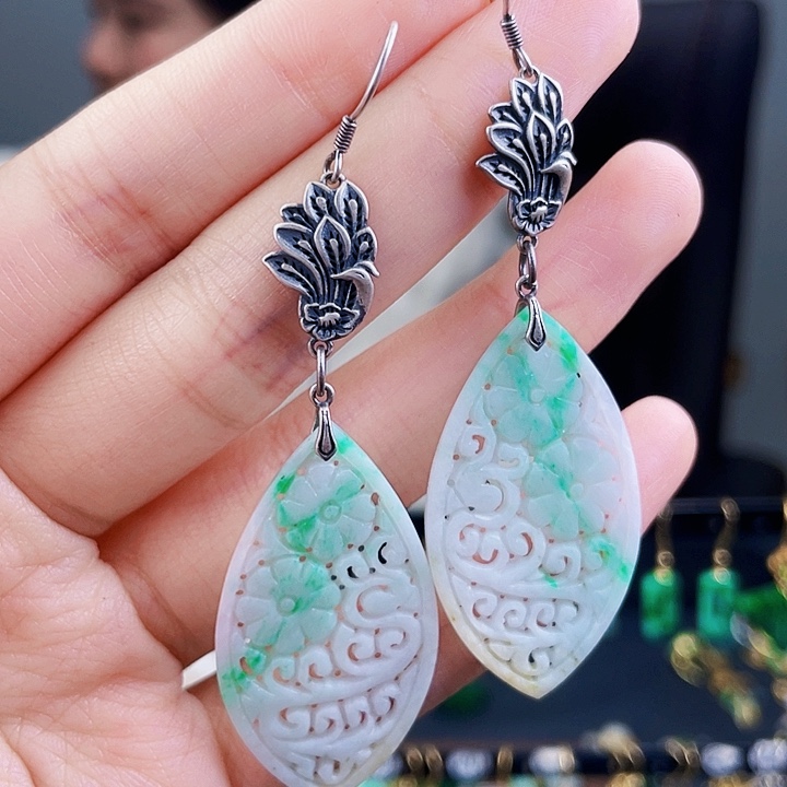 翡翠耳饰银S925镶嵌饰品