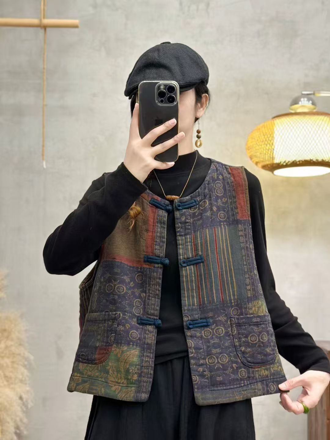 做旧花格纹印花春秋款女马夹坎肩圆领复古盘口常规款