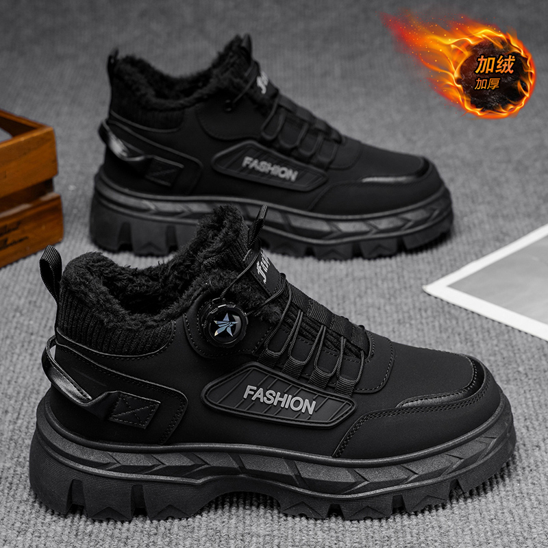马丁靴男冬季加绒保暖加厚旋转纽扣防水防滑厚底增高运动雪地棉鞋