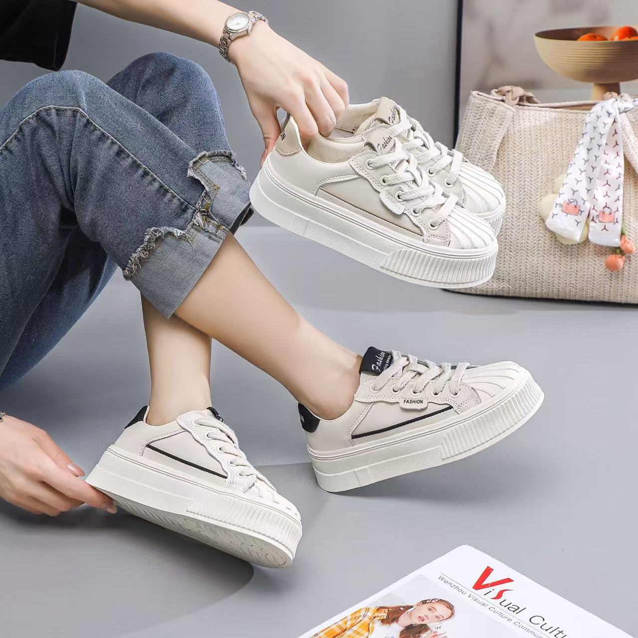 L芝士饼干~拼色百搭贝壳头休闲系带板鞋2501