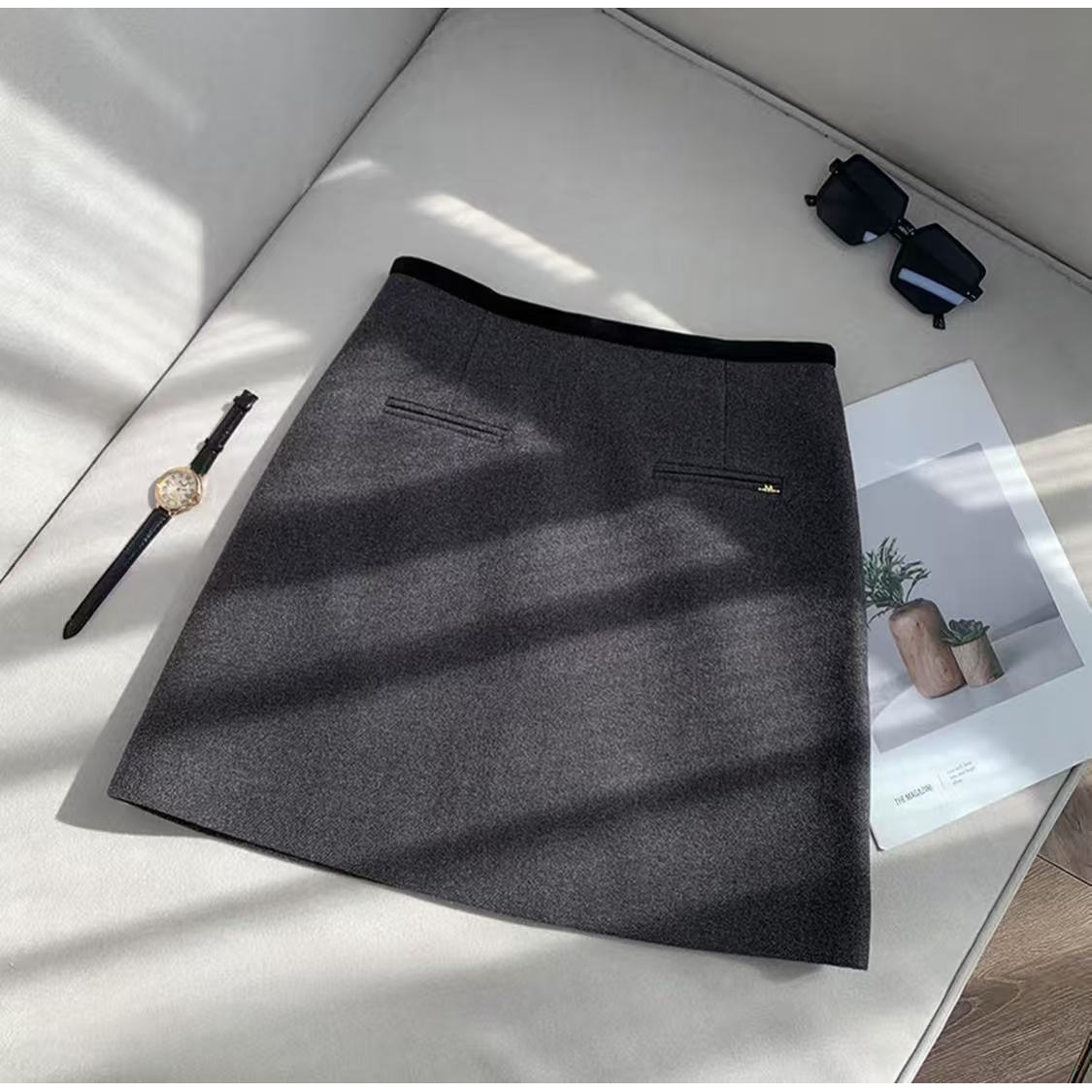 显瘦灰色毛呢半身裙冬季厚款高腰A字裙半身裙