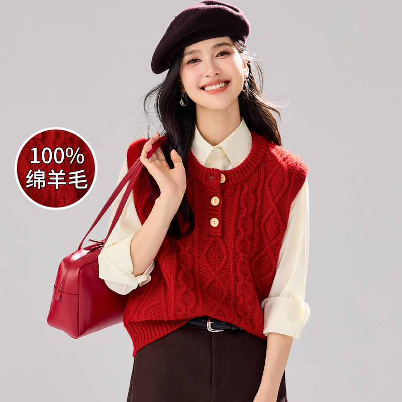 金菊 本命红100%绵羊毛厚款26年冬季新款半开襟绞花女式背心精致