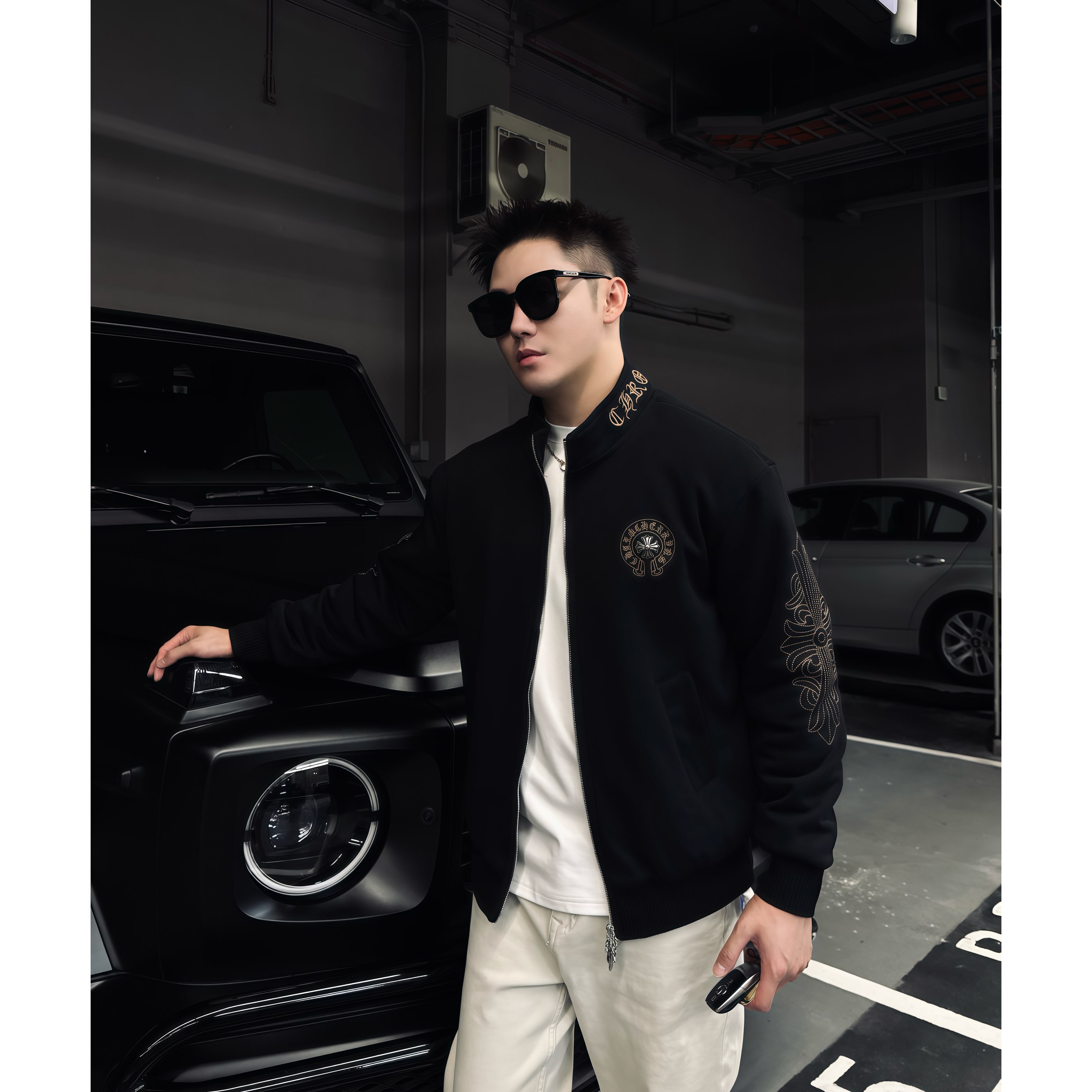 SAM【黑金梵文】冬季轻奢高定梵文绣花立领加厚棉服痞帅男士夹克