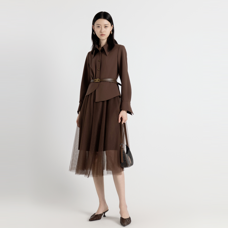 婉甸2025年秋季新品栗子棕/岩石灰假两件拼接连衣裙1243N01MD3