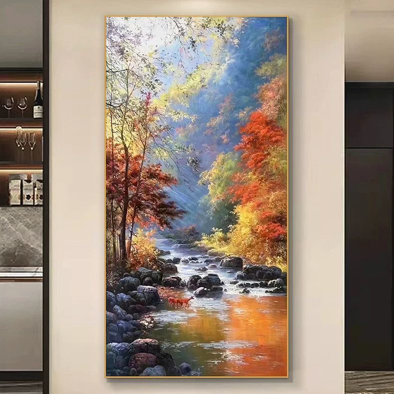 流水生财大芬村山水风景装饰画入户玄关大气艺术客厅挂画