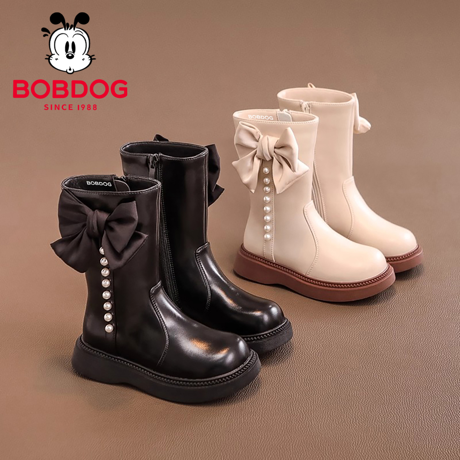 巴布豆女童靴子秋冬季2025新款儿童中长筒洋气马丁靴公主女孩加绒