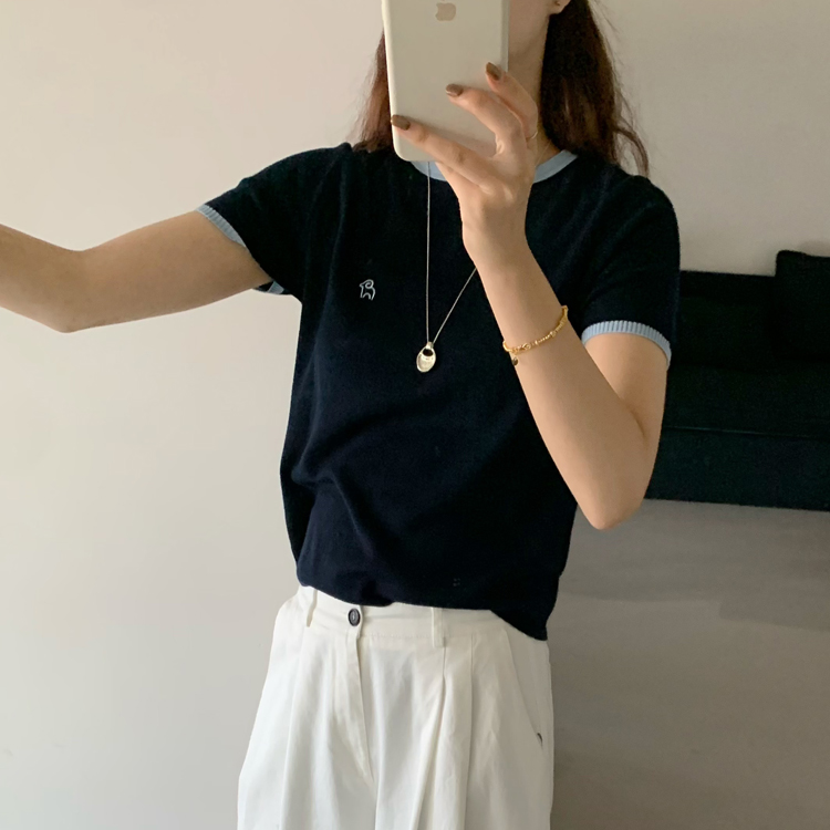 top.yuelan约澜005羊*毛针织T恤女2025秋冬撞色圆领小羊刺绣毛衣