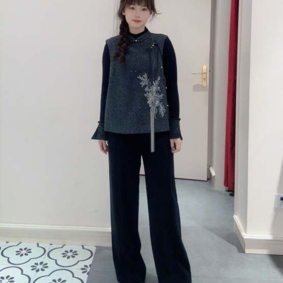 新中式品玉夜幕黑裤子