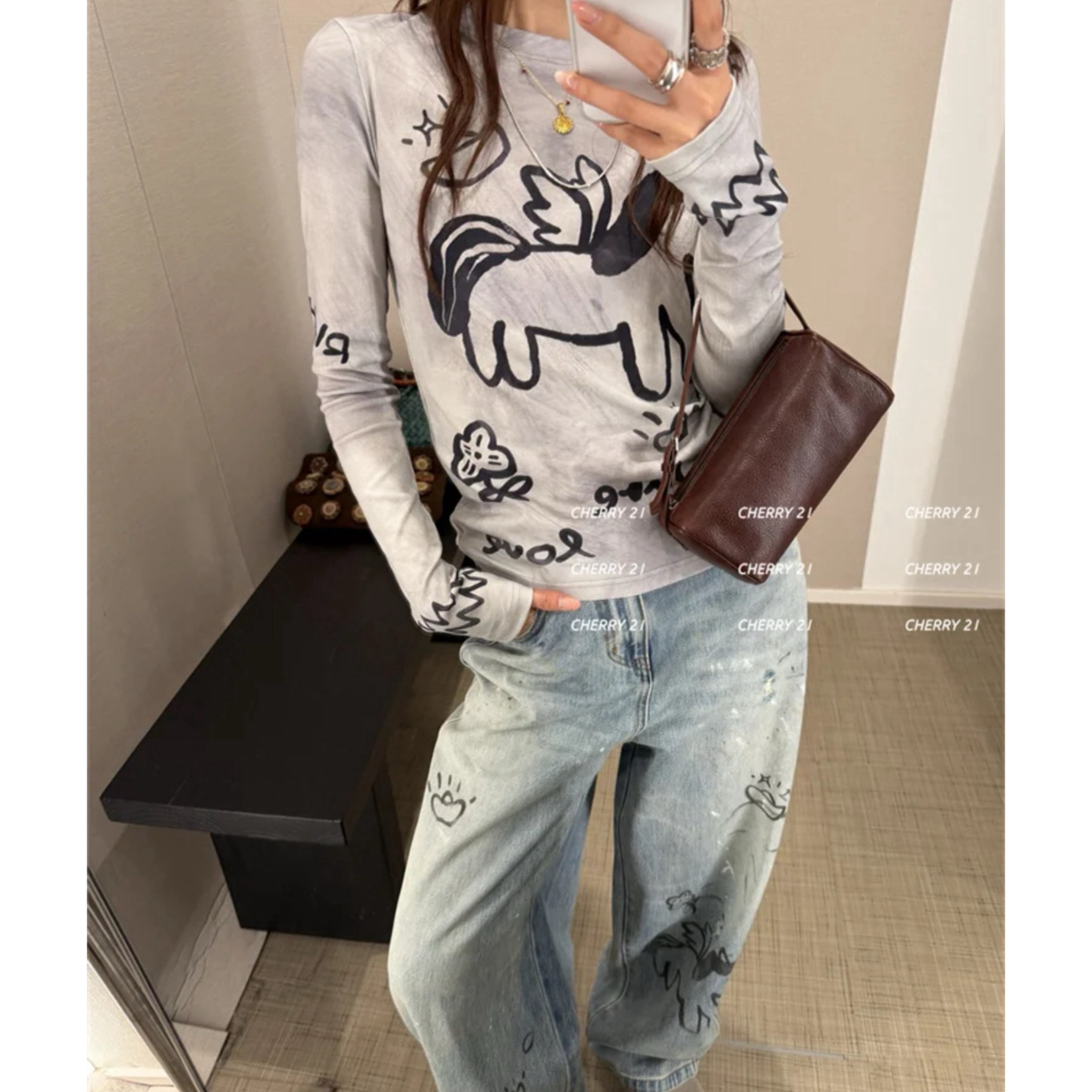 IND  26ss小众设计师“马上有钱”新年限定 小马涂鸦做旧水洗牛仔裤