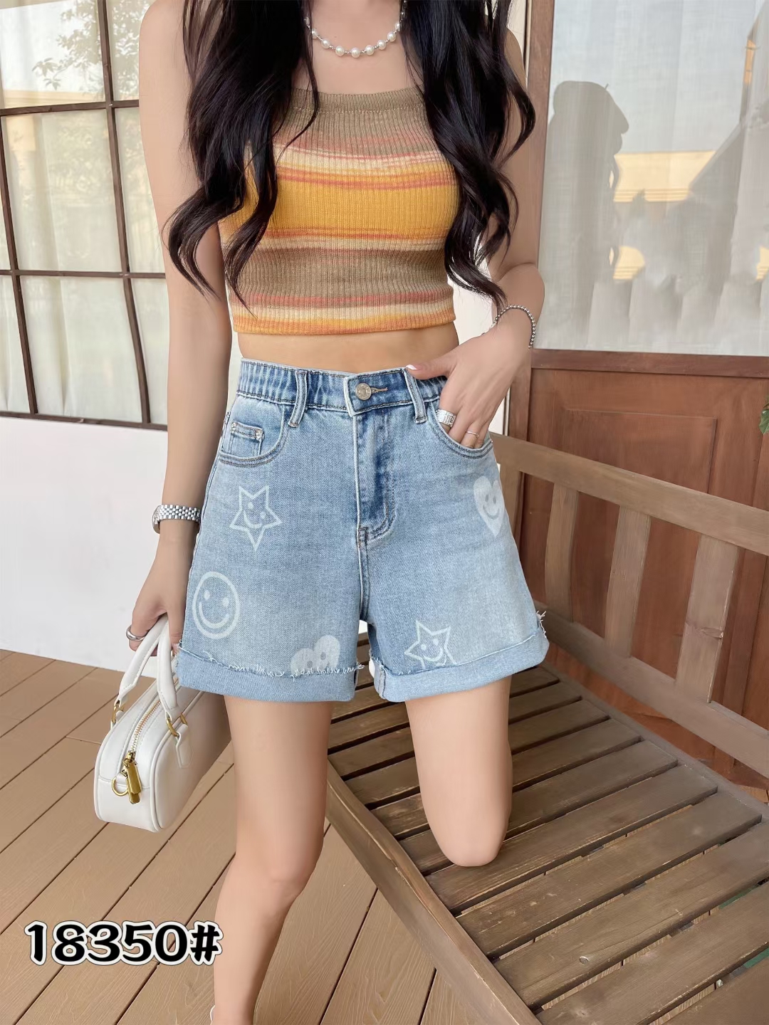 夏季裤子高腰成人三分裤薄款宽松短裤辣妹中腰18350