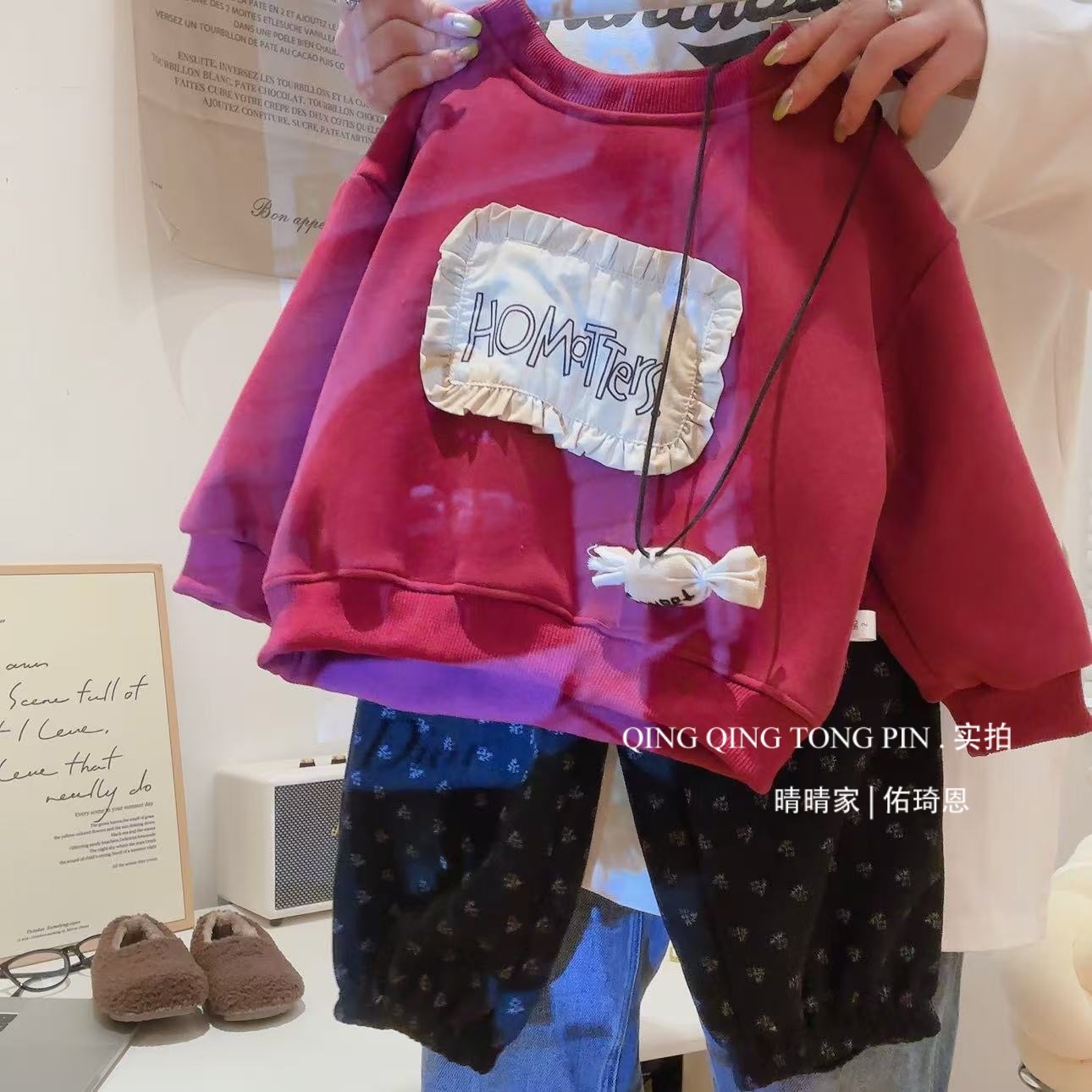 女童加绒卫衣套装秋冬季儿童女宝宝安哥拉红保暖衣两件套