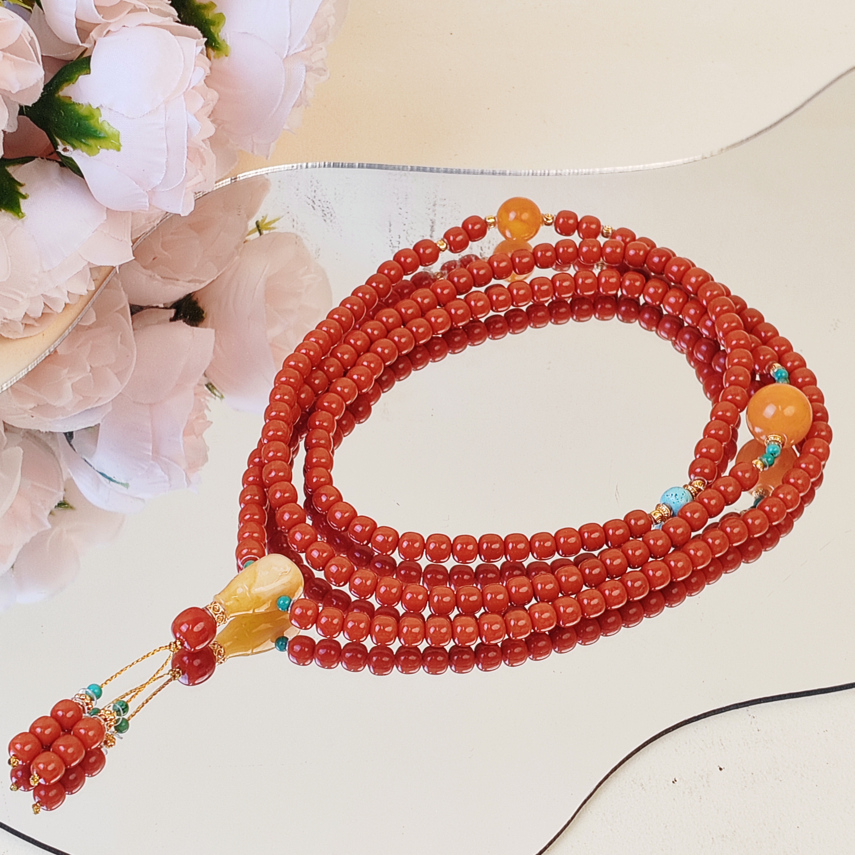 【落日溶金】瓦西南红锦红满色满肉168颗老型多圈手串（多样性发其一
