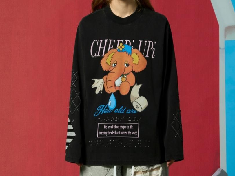 CHEERi UPi 25新款鼻涕小象长袖T恤 黑色男女同款
