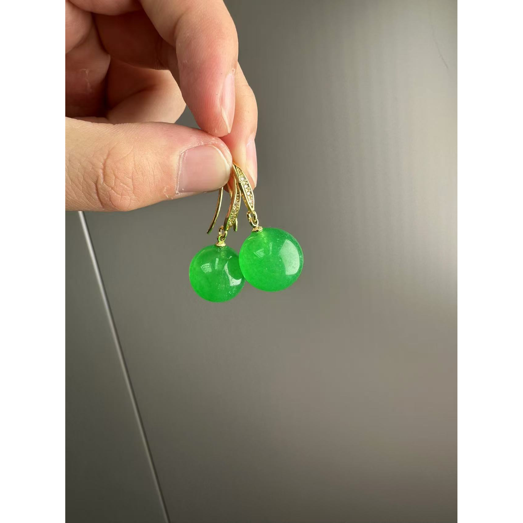 翡翠冰阳绿14k满钻圆珠耳钩16mm