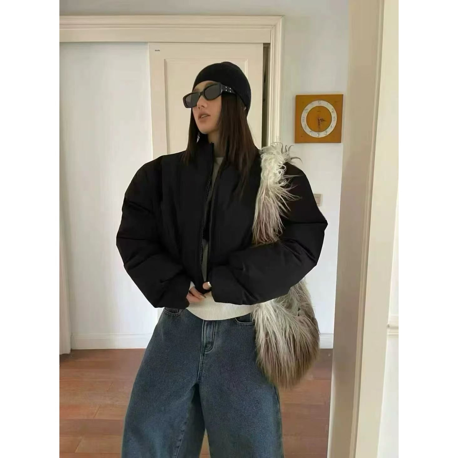 时尚洋气短款双拉链收腰宽松蓬松羽绒服短外套