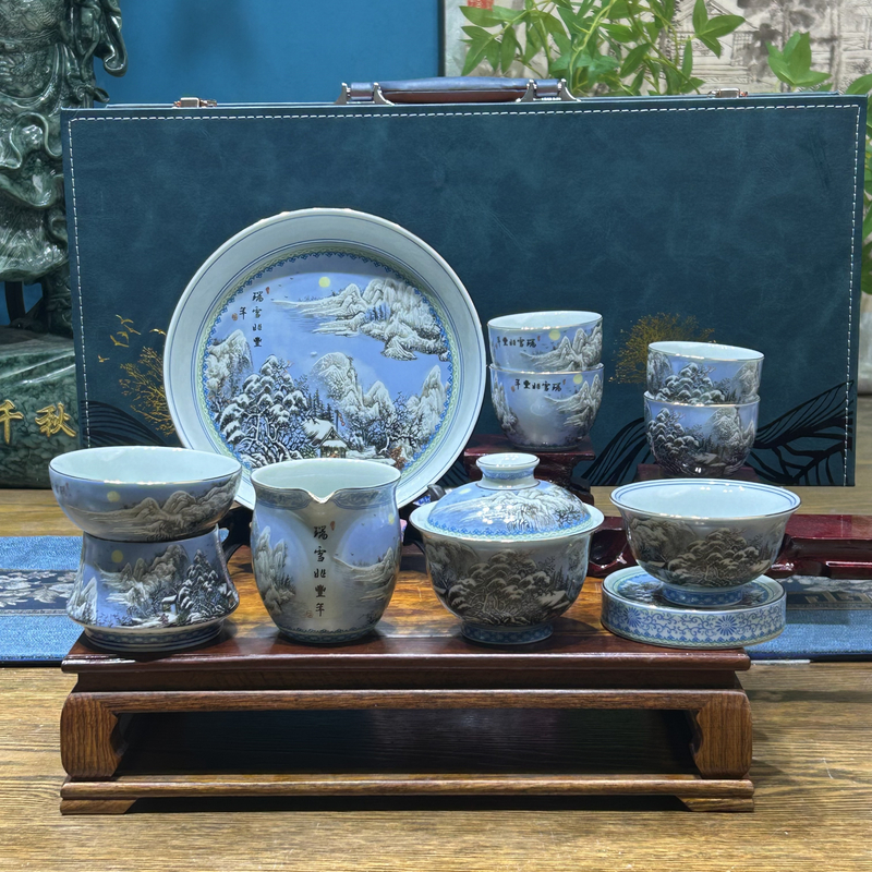 景德镇陶瓷粉彩瓷瑞雪兆丰年10件套斗彩雪景整套茶器描金中式礼盒