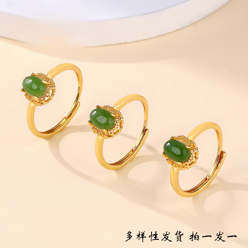 俄料碧玉蛋面戒指新中式女款 天然和田玉 多样性发其一#Z150&D67