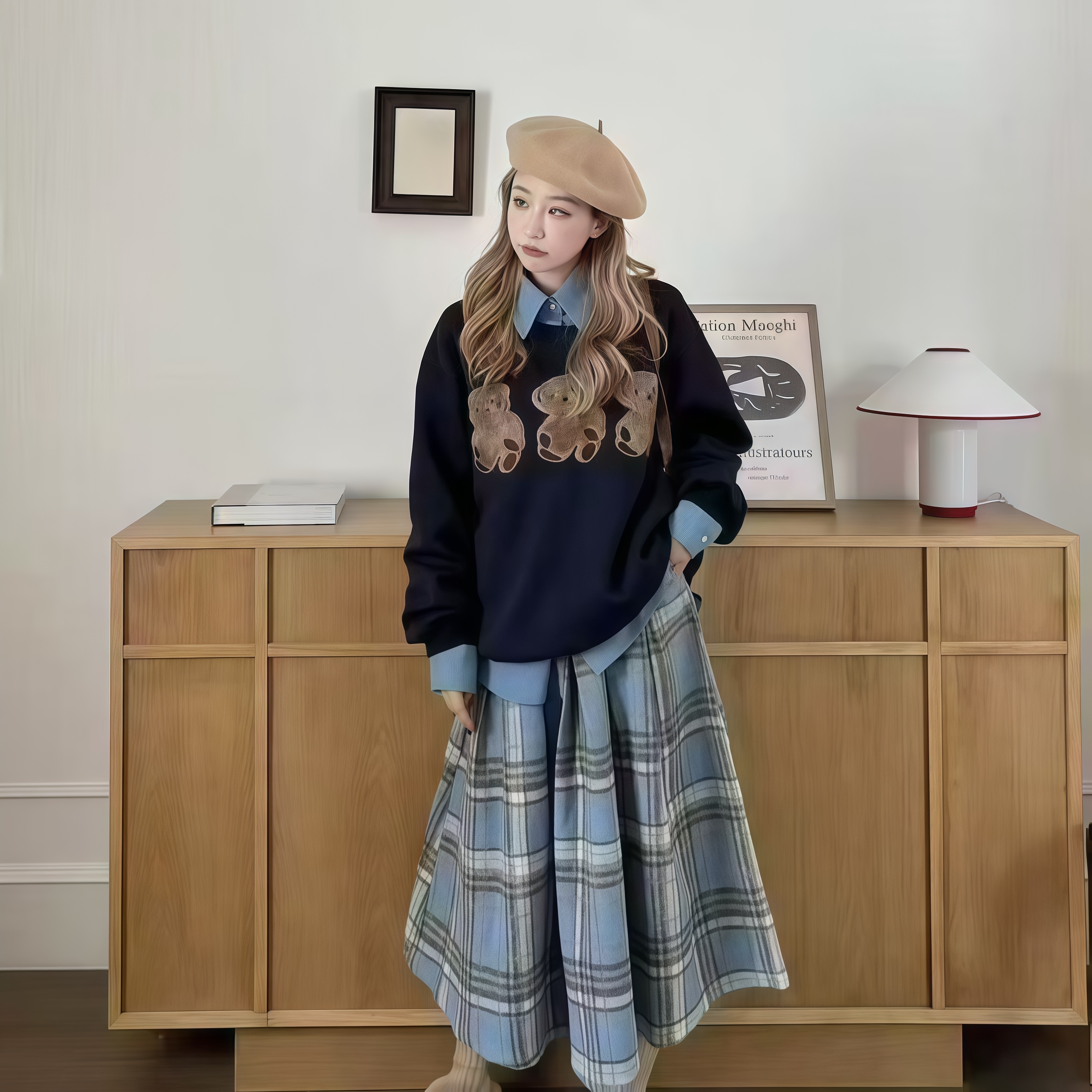 大码秋冬穿搭一整套学院风假两件三只熊外衣减龄遮肉半身裙套装潮