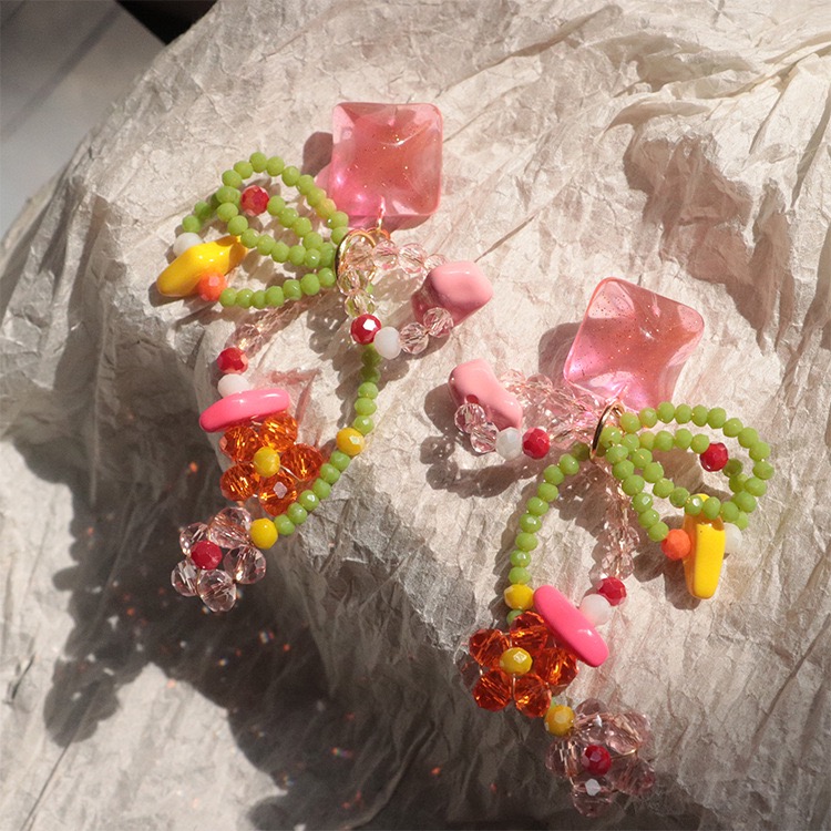 非金属仿水晶耳饰 【设计师款】糖果色蝴蝶结串珠耳环甜美少女新款