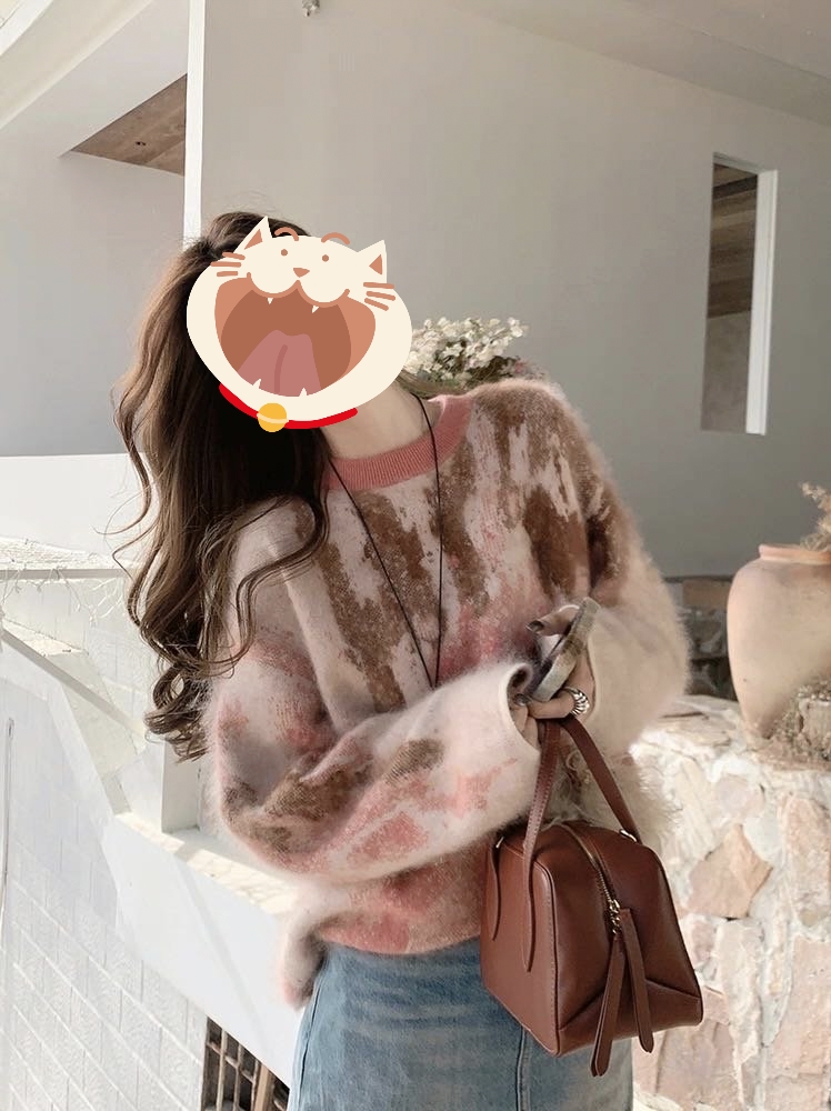 气质好搭粉黛子羊绒拉绒圆领毛衣0025