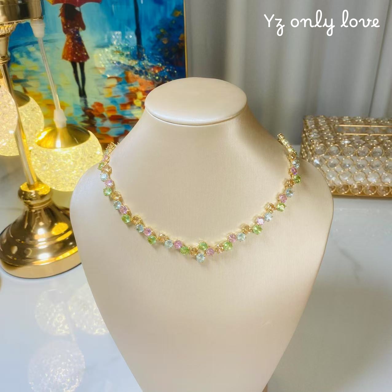 铜合金锆石项链  H709《炫彩凝珠》时尚素款彩色走秀项链