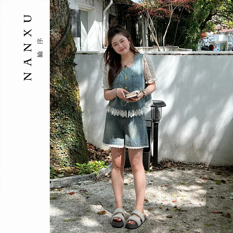楠序微胖女装 蕾丝牛仔套装显瘦洋气衣服女夏季女装套装YZ36013