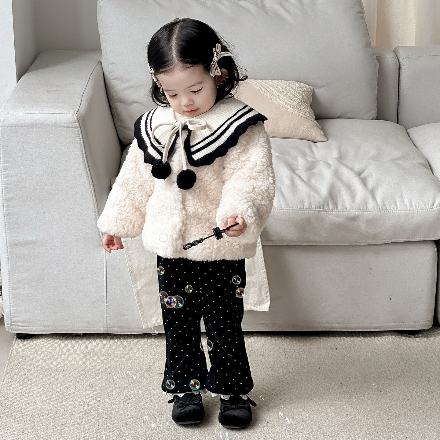 点兮羊羔毛加绒外套黑色波点微辣裤加绒小香风套装