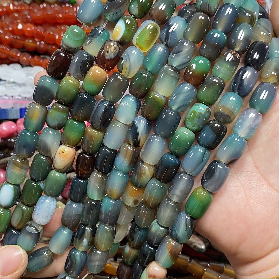 玛瑙/玉髓未镶嵌珠宝半成品孔雀玛瑙桶珠一条卡10*14mm