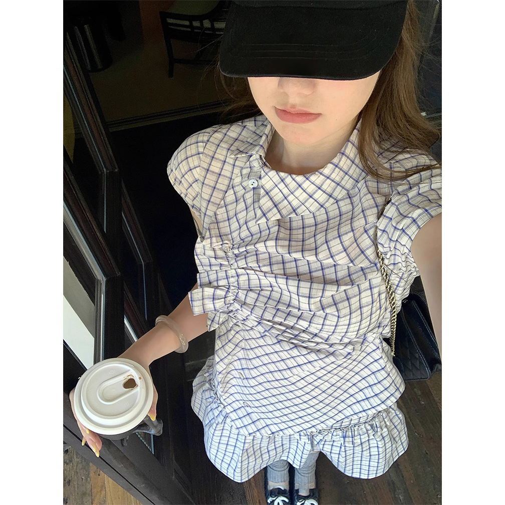 韩系学院风蓝白格纹设计感褶皱收腰小衫女夏季新款蓬蓬裙裙裤套装