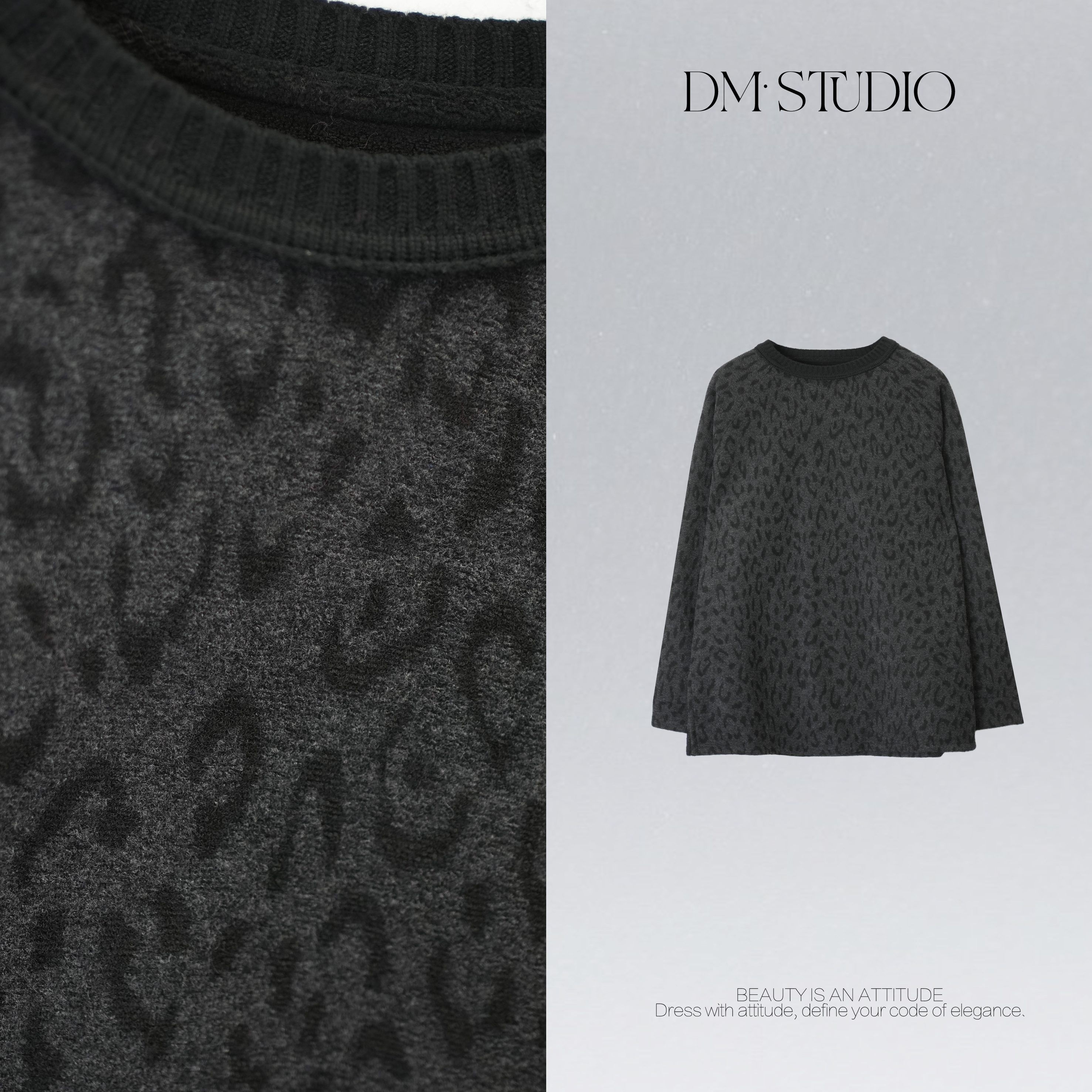 DEDM•STUDIODM/气质小众高级感豹纹圆领长袖套头上衣2511TX/3760