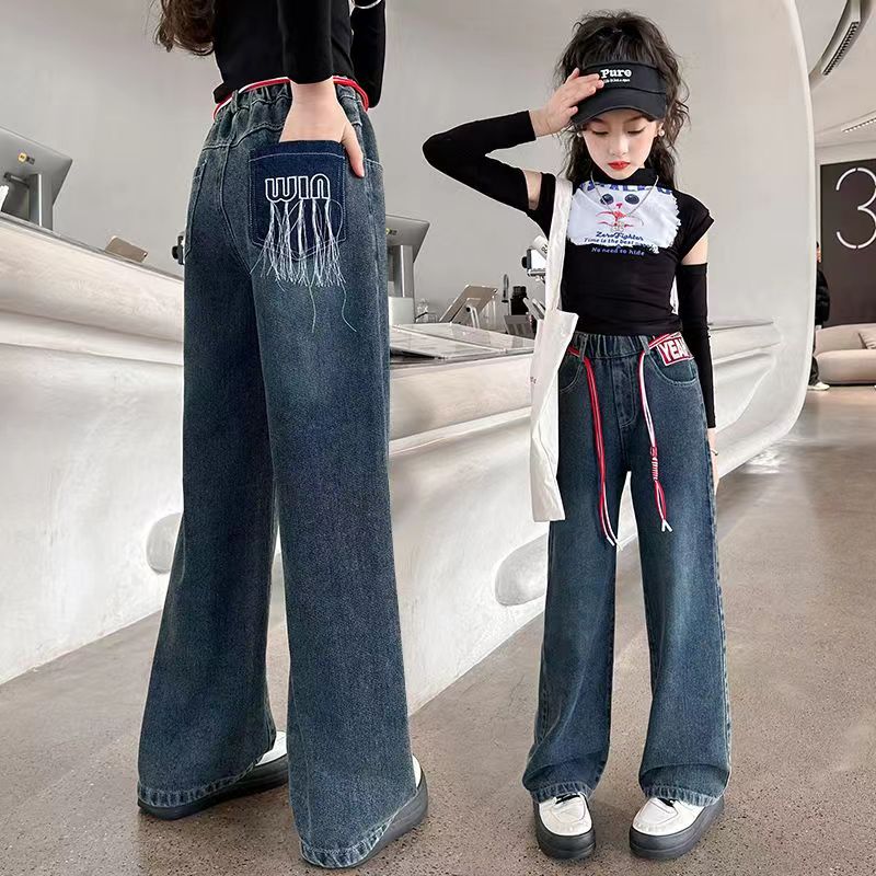 259宽松秋季中大童长裤中腰韩版阔腿裤女牛仔裤洋气春秋裤子童装