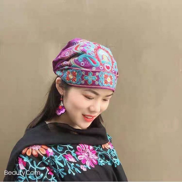 民族风重工刺绣棉麻绣花头巾帽女复古休闲百搭四季包头帽子