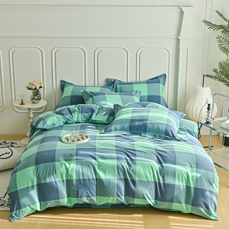 100%纯棉色织简约加厚水洗棉无印格子风格全棉家纺床上用品四件套