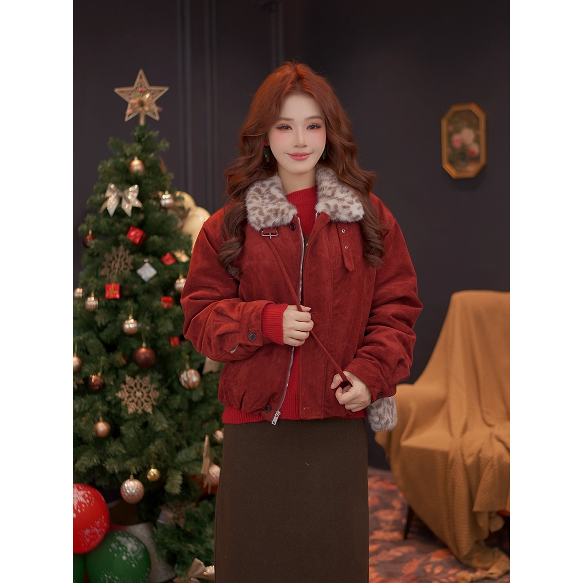 DaYuanSAD【流风】婉儿拼接毛领豹纹保暖棉服女加厚短款外套#K10351