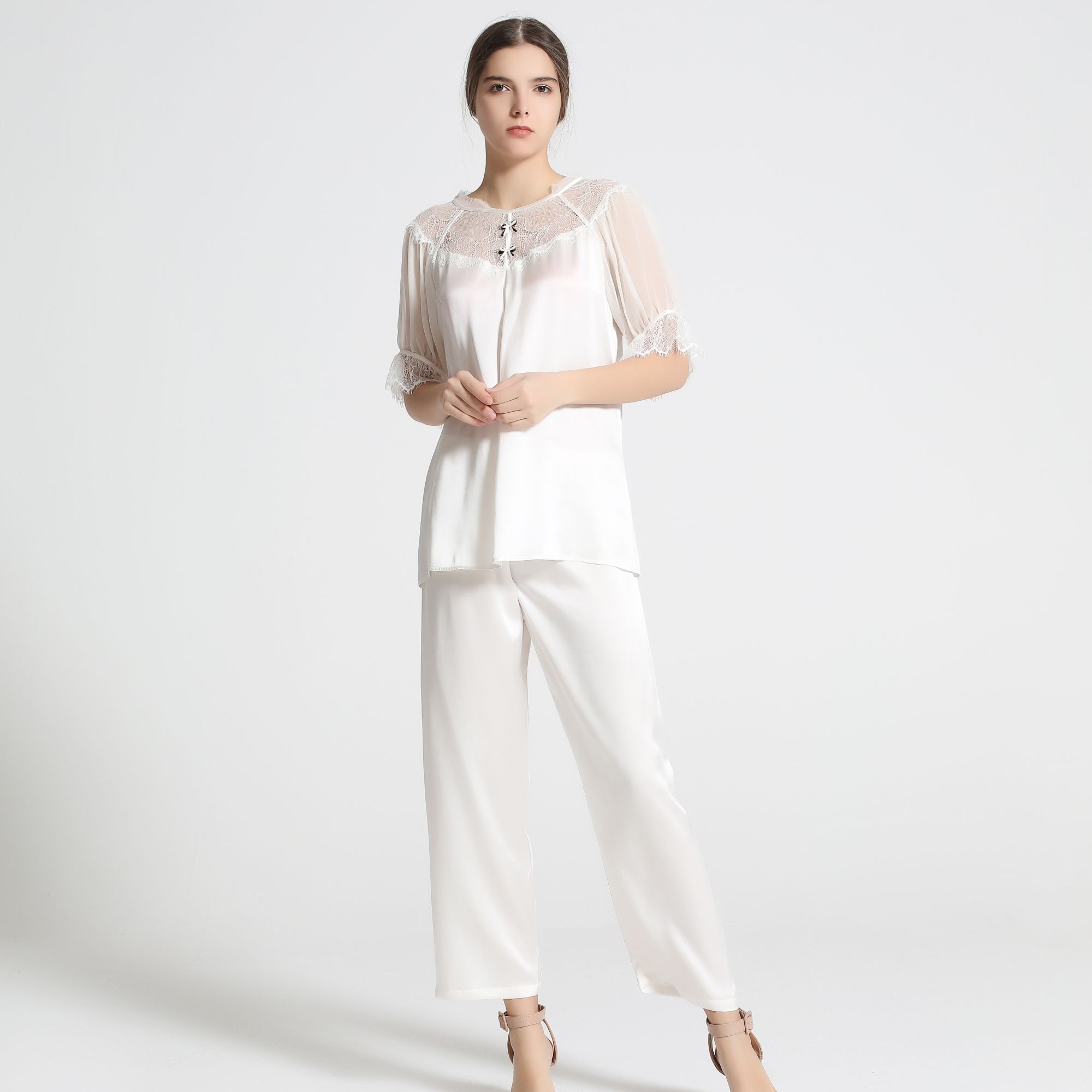 【断码清货】重磅百分百桑蚕丝短袖长裤两件套装女两件家居服D-2090