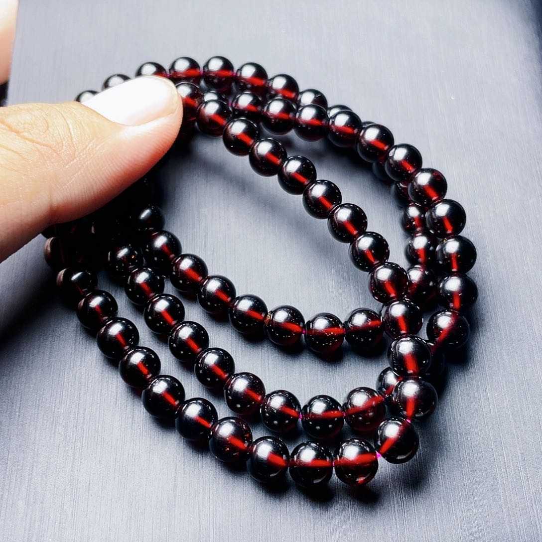 石榴石手链未镶嵌6.6MM高品质酒红三圈9A级