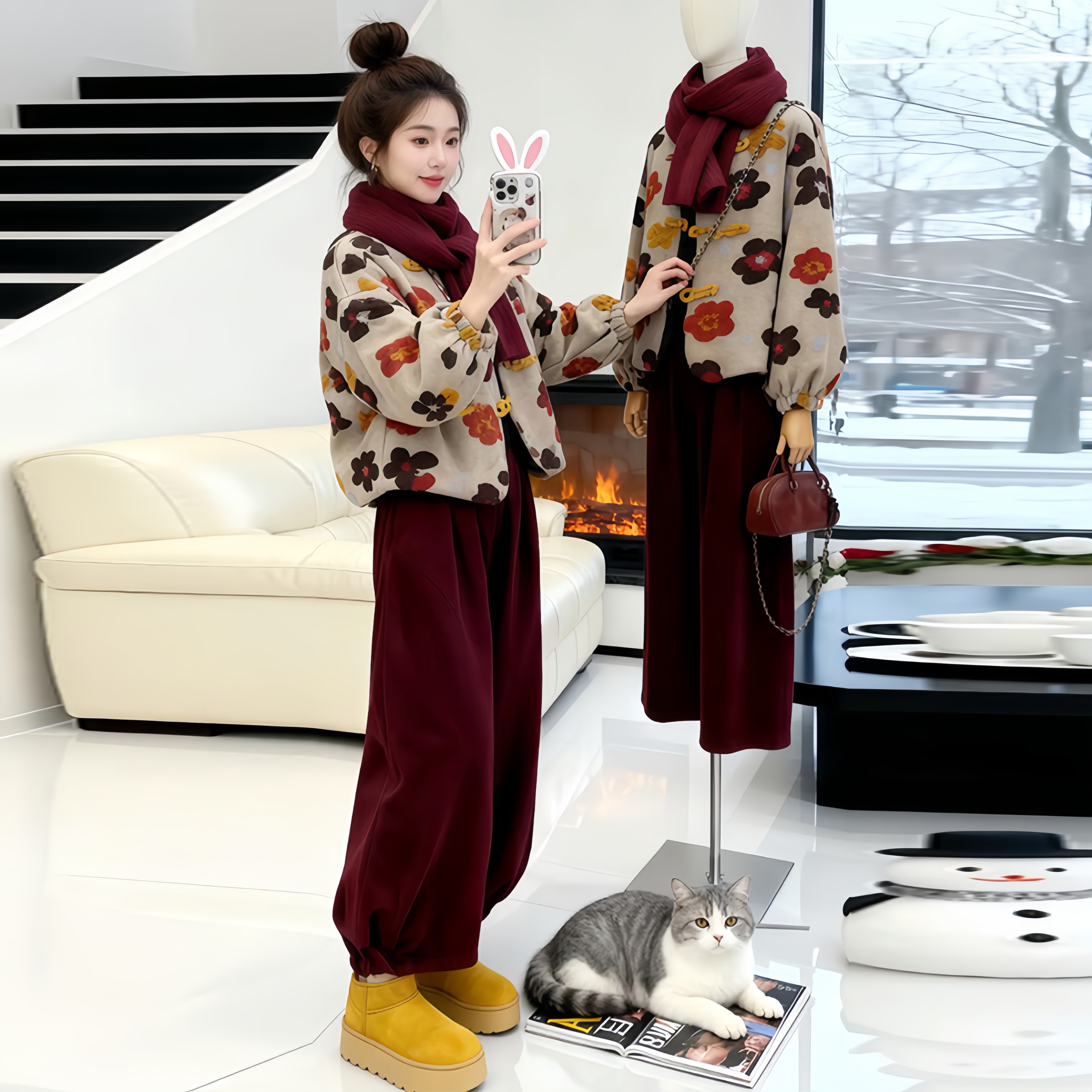 小富婆穿搭一整套女装复古撞色印花外套+酒红阔腿裤套装