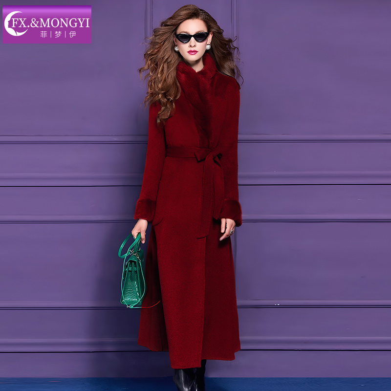 菲梦伊原创新款水貂毛领羊毛羊绒时尚贵妇中长款毛呢外套69370