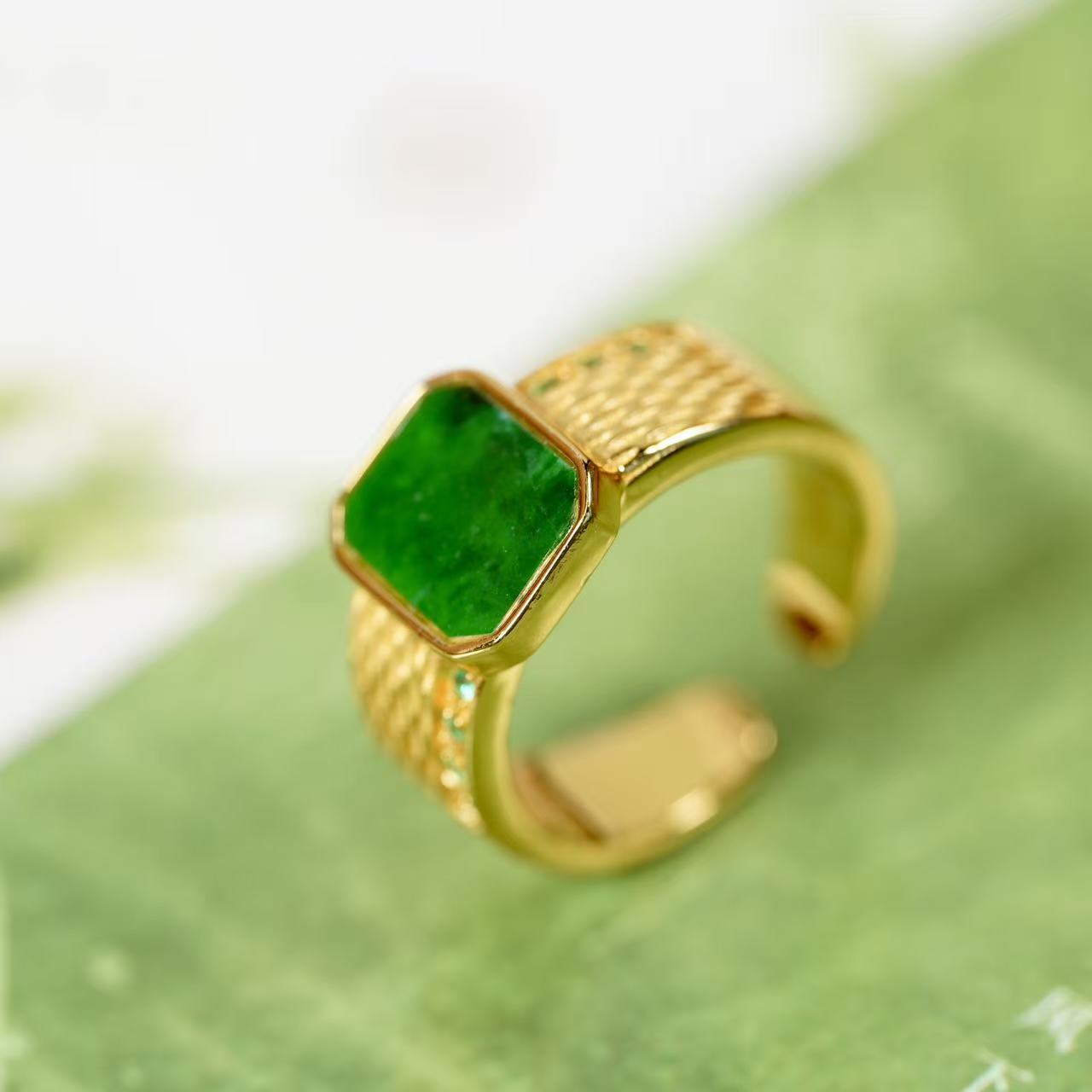 【百年一玉】天然缅甸A货翡翠戒指新中式S925银镀金-1418