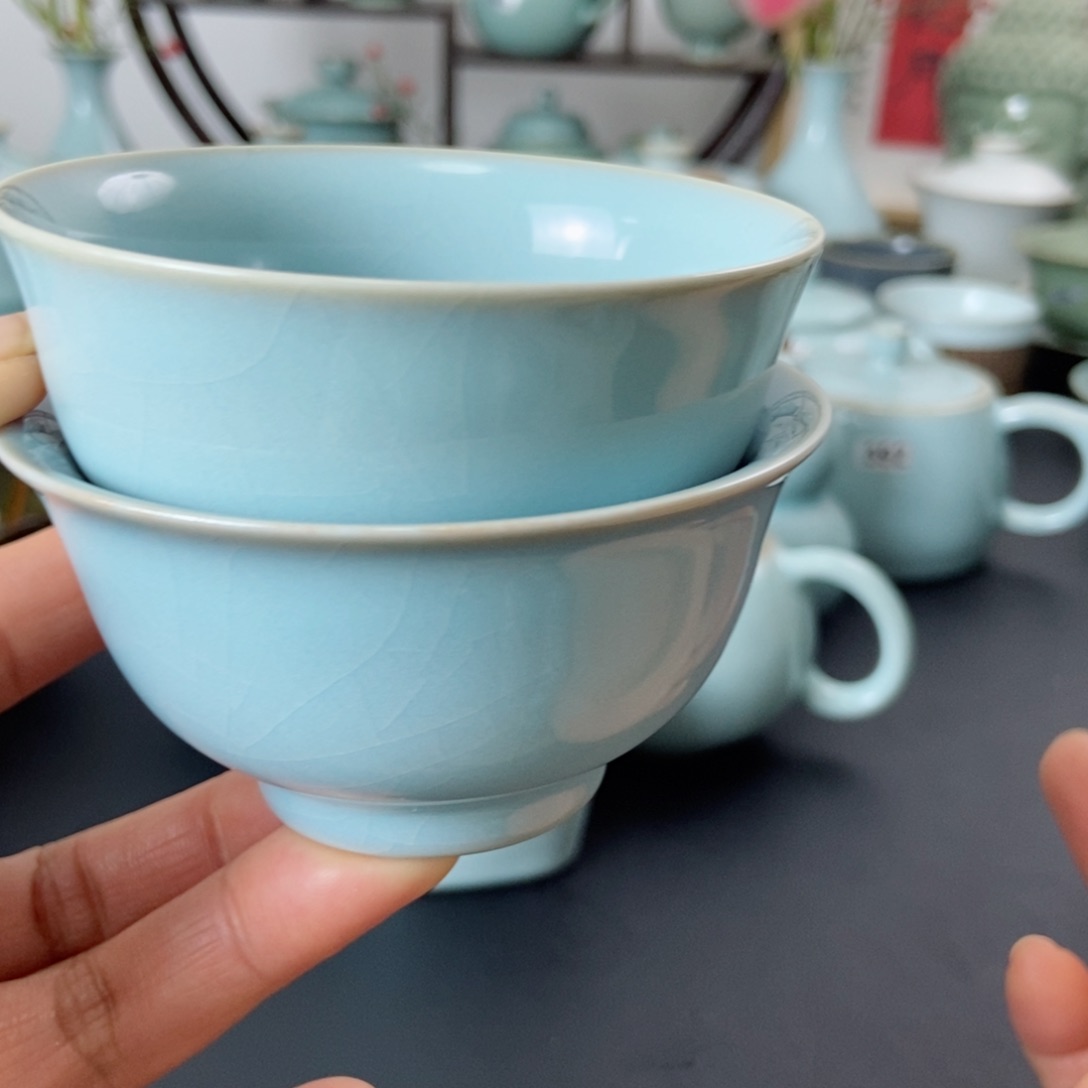 t*天青釉压手杯里缸杯微瑕福利