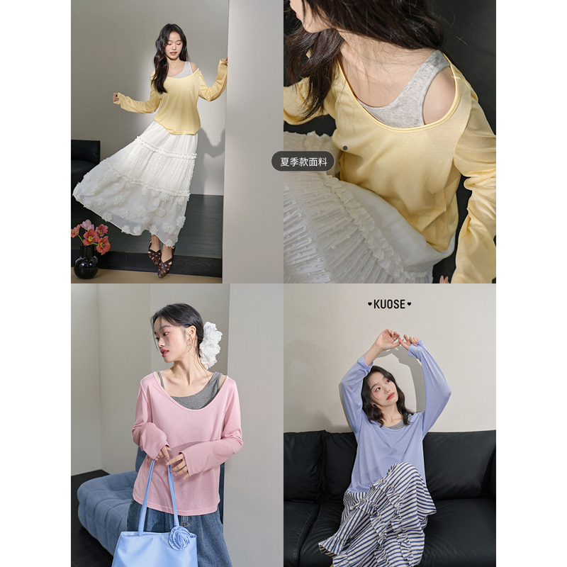 阔色显瘦长袖T恤吊带背心两件套2025夏季新款宽松上衣KSP2503001