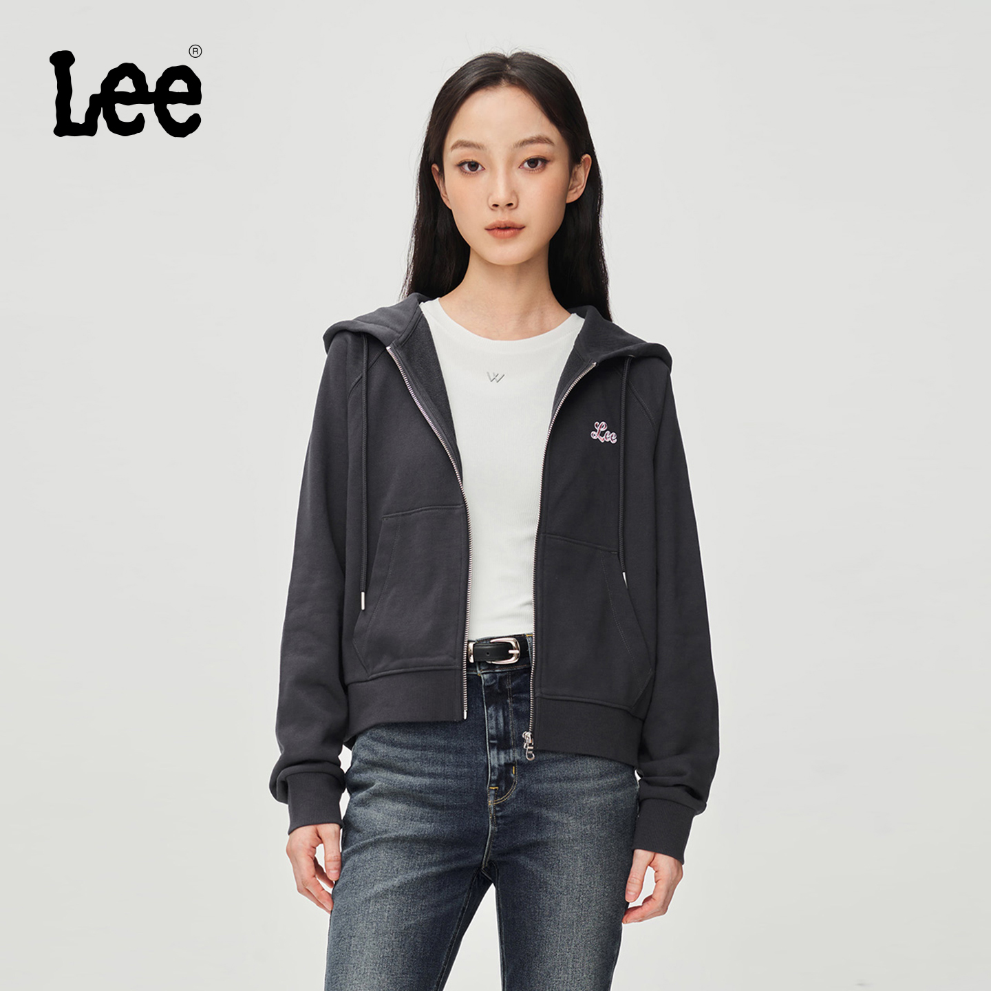 Lee商场同款25秋冬舒适版刺绣Logo女插肩袖连帽长袖卫衣开衫