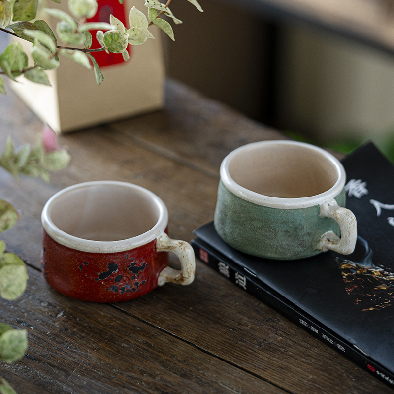 老岩泥做旧风咖啡杯斑驳复古风茶杯水杯红色杯子经典绿色