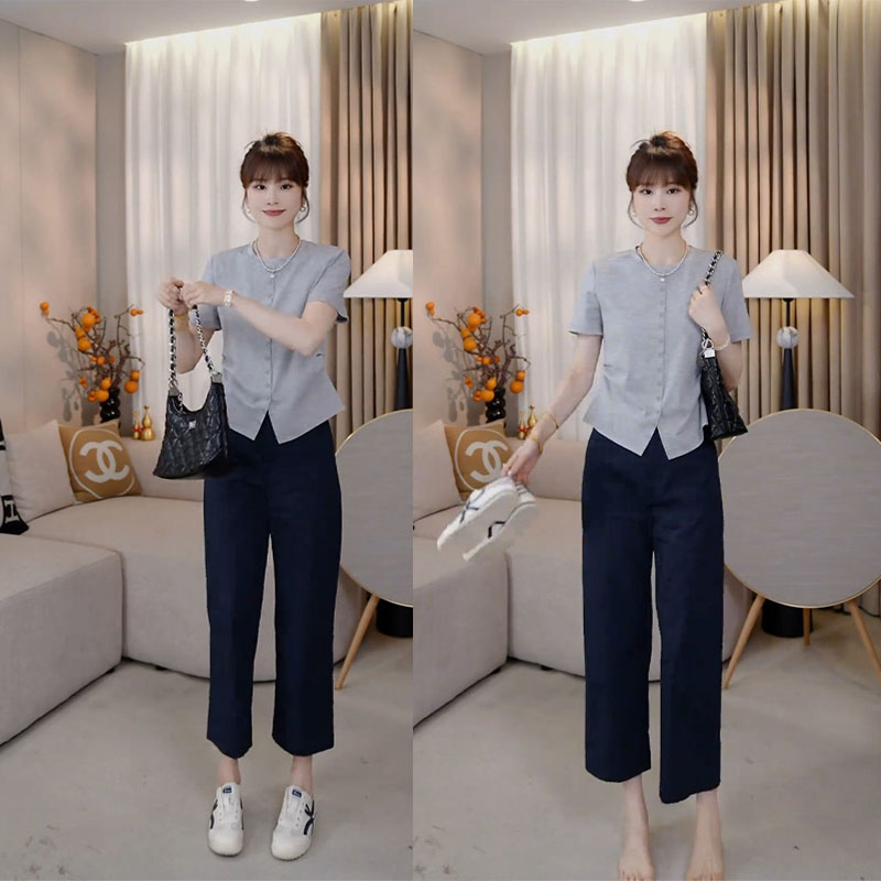 巨好看夏日休闲运动套装女显瘦减龄灰色短袖开衫休闲九分裤两件套