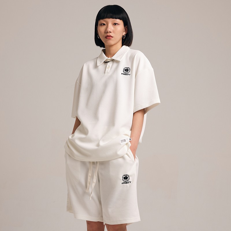 PROCITY曹芳潮牌华夫格套装夏季短裤休闲polo衫翻领短袖T恤衫