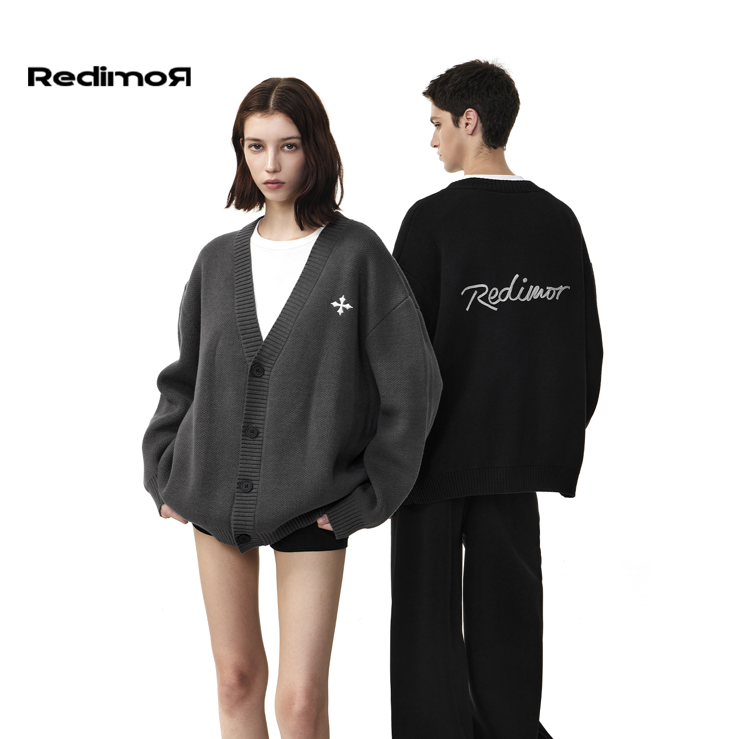 REDIMORv领开衫毛衣男女秋季新款复古情侣宽松休闲外套253RZ1236