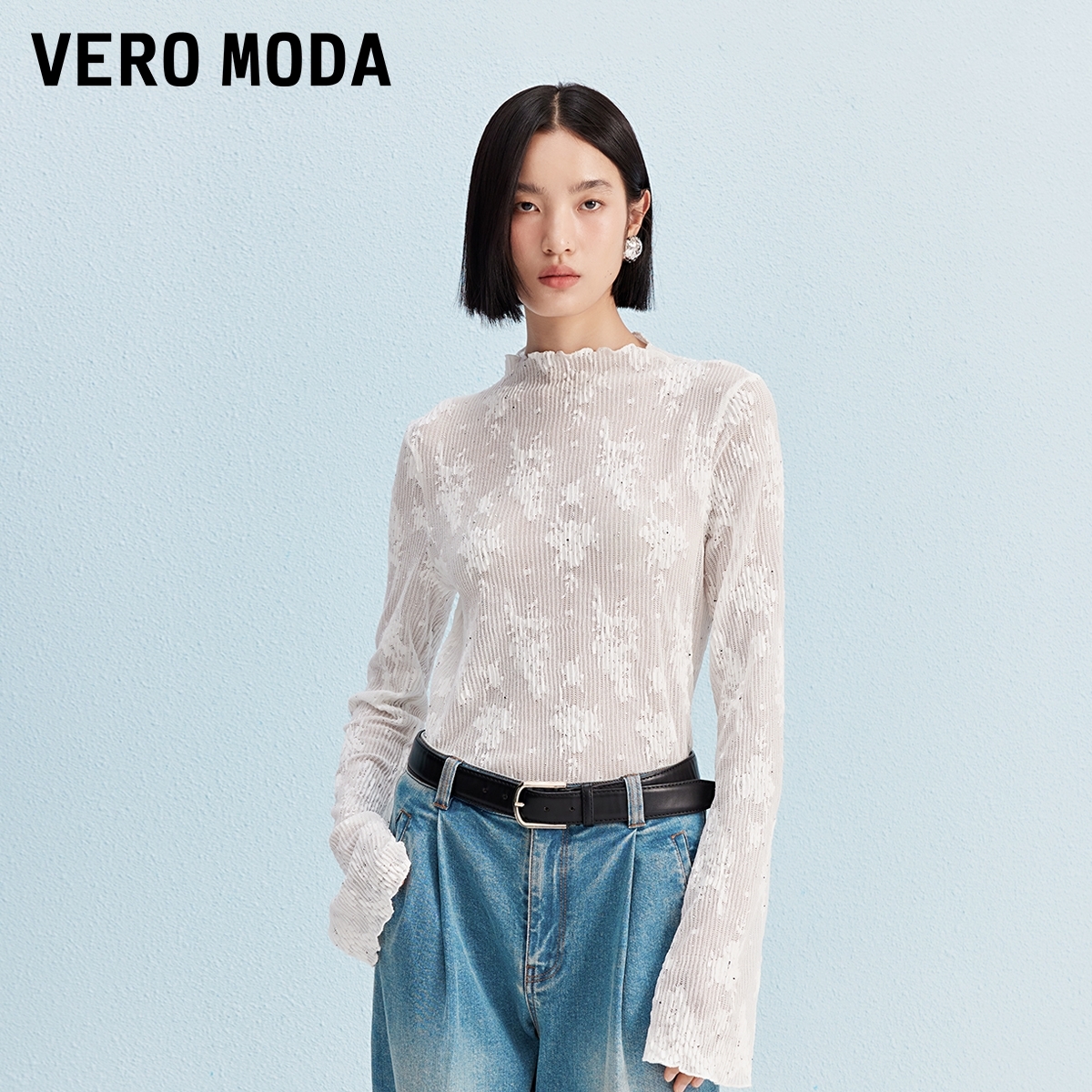 Vero ModaT恤2026春季新款镂空蕾丝烫钻显瘦性感上衣流行时尚女装